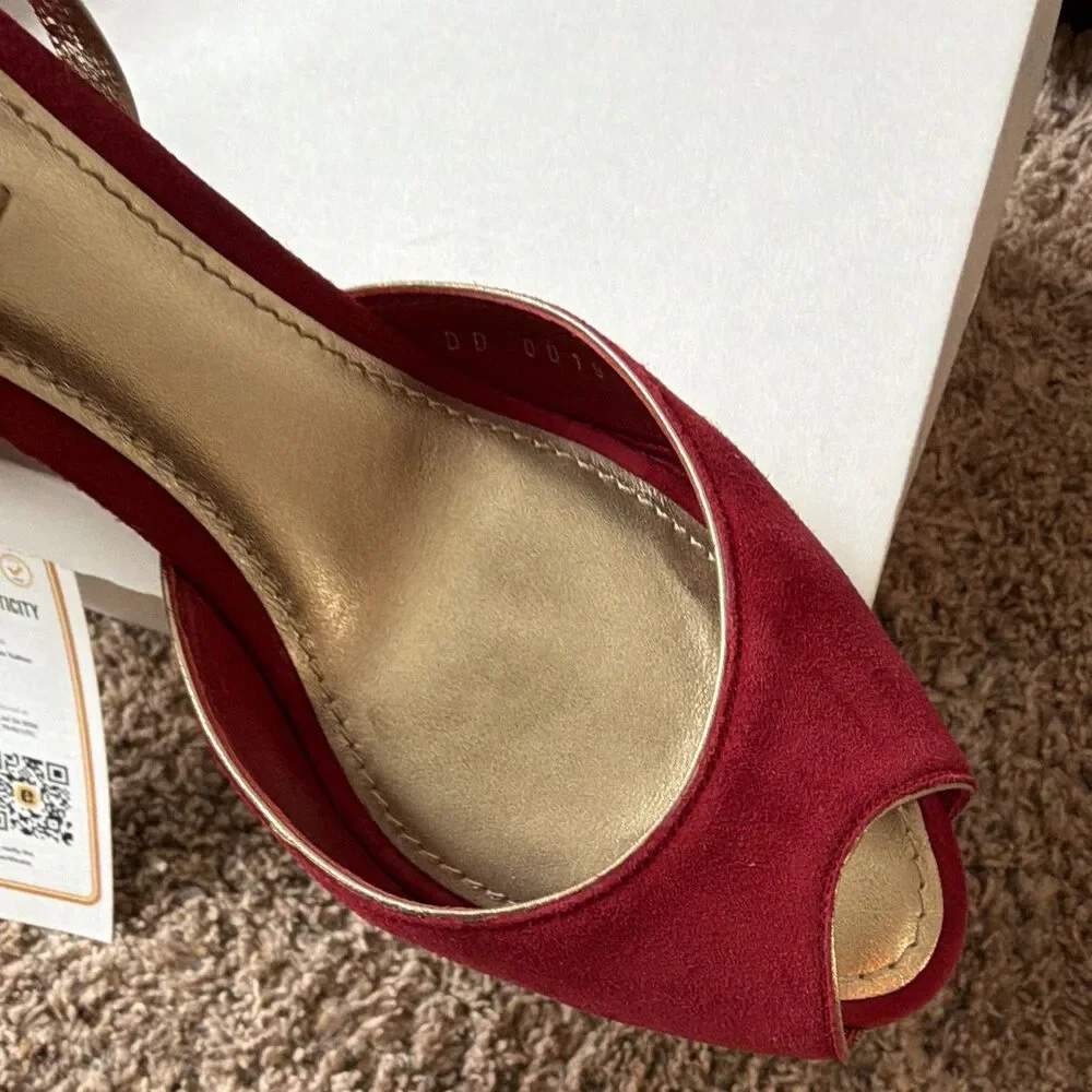 ⁠Louis Vuitton Red Suede Metallic Gold Strap Peep Toe Wedge Sandals 37 Entrupy